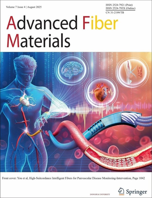 Advanced Fiber Materials, Volume 7 Issue 4 front cover featuring High-Suitcordance Intelligent Fibers for Panvascular Disease Monitoring-Intervention