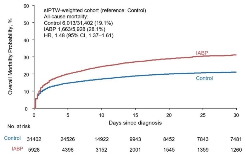 Kaplan-Meier curves of in-hospital all-cause mortality with and without intra-aortic balloon pump support in the sIPTW-weighted cohort